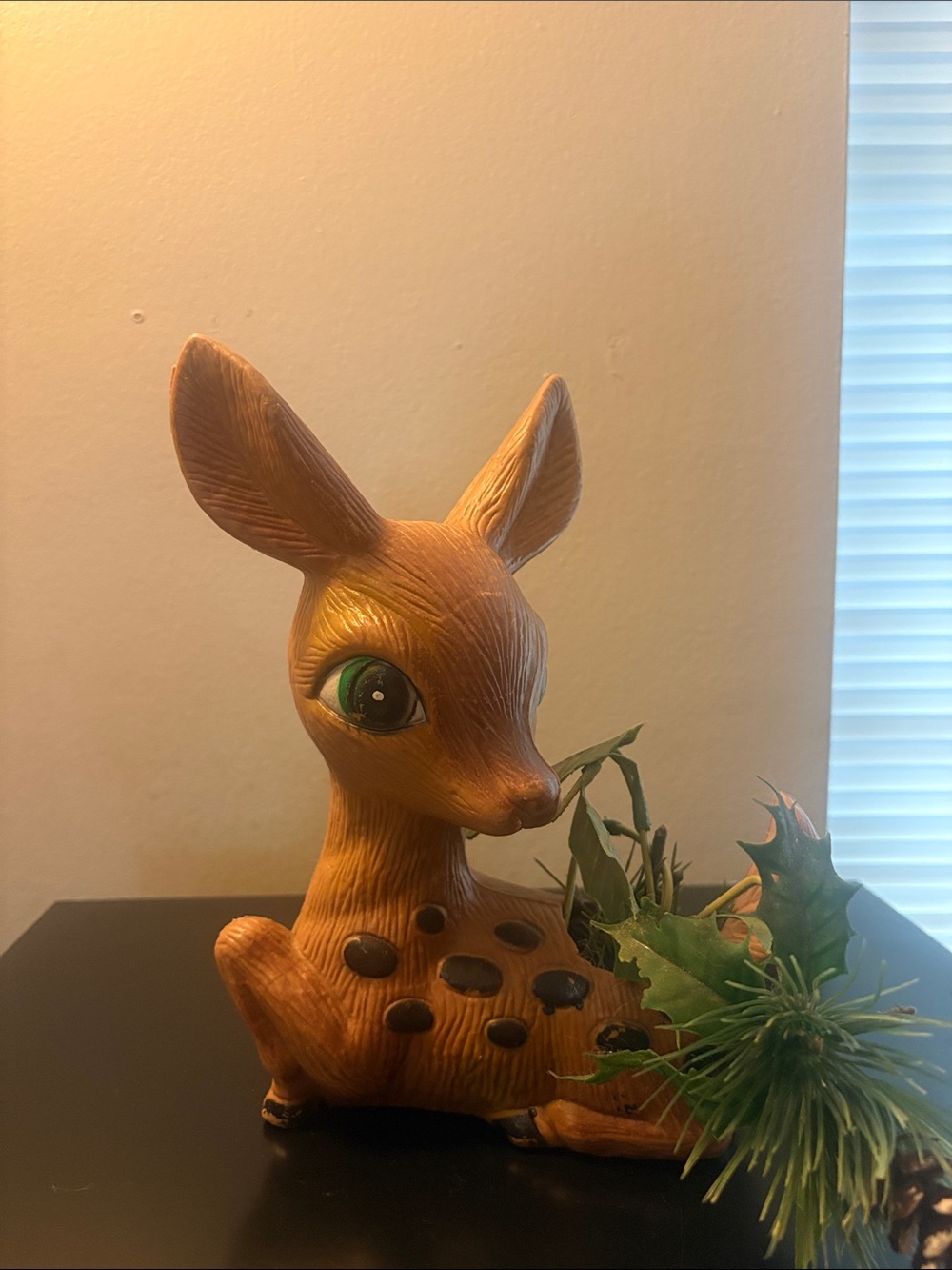 Vintage Blow Mold Spotted Deer Planter with fake plant